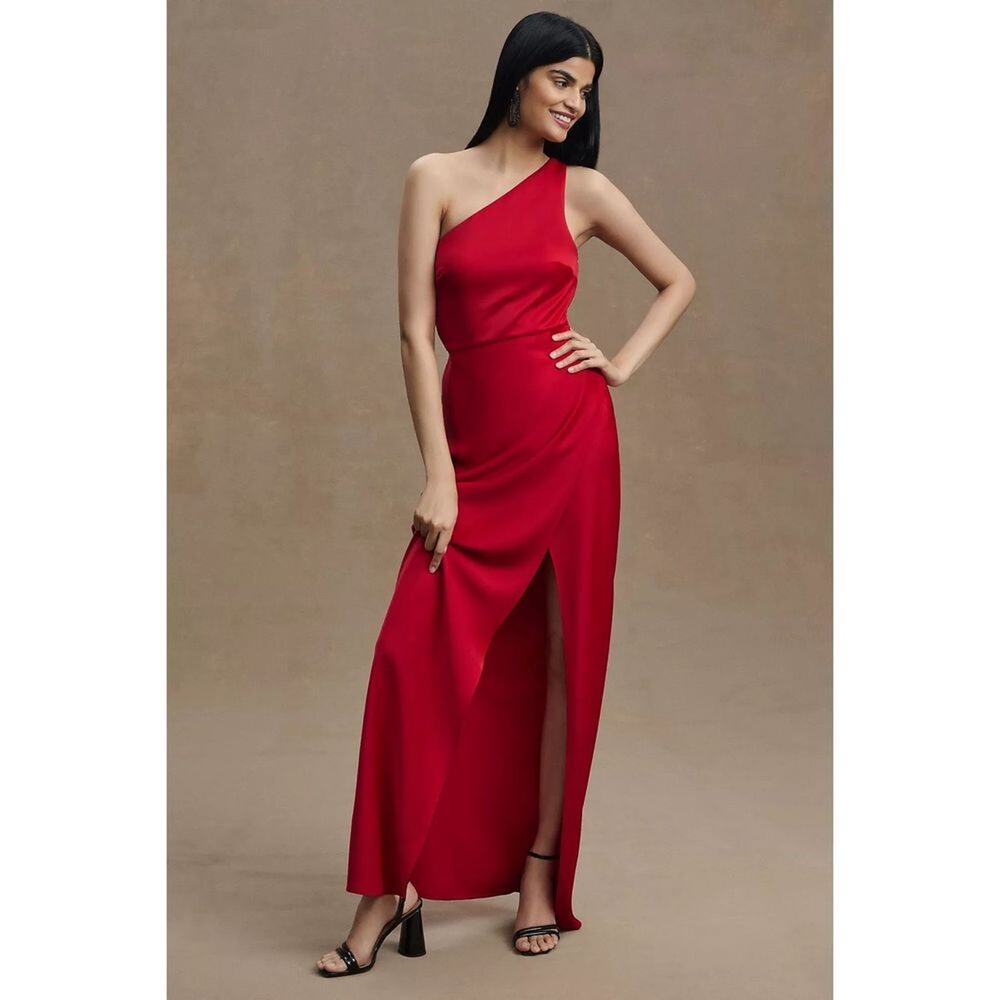 BHLDN Dylan One Shoulder Satin Gown Red Side Slit Size 12 NWT